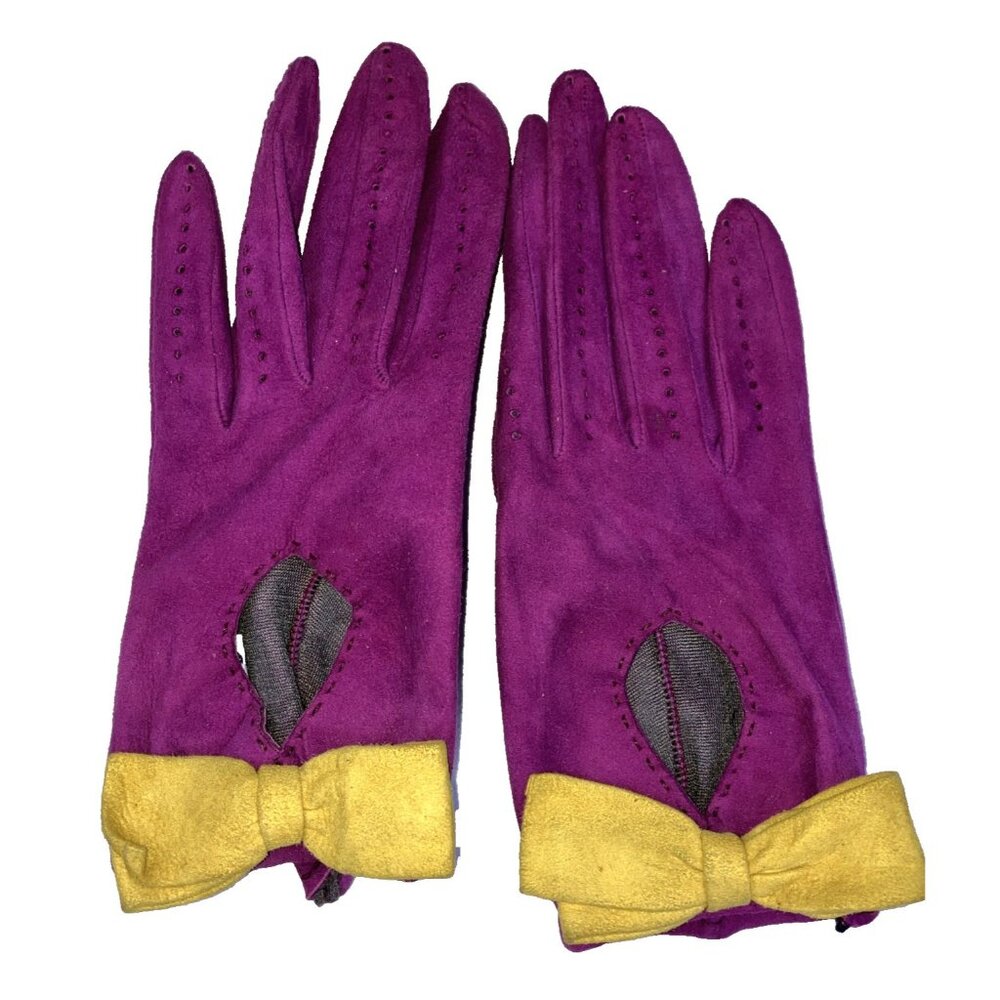7 M Vintage Moschino Fuchsia Suede Yellow Bow Hearts Gloves 80s